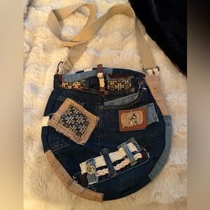 Patchwork handmade Denim Shoulder Bag with Tan Accents